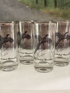 4 Federal Glass Tumblers Sportsman Ring Neck Pheasant platinum Rim MCM Barware